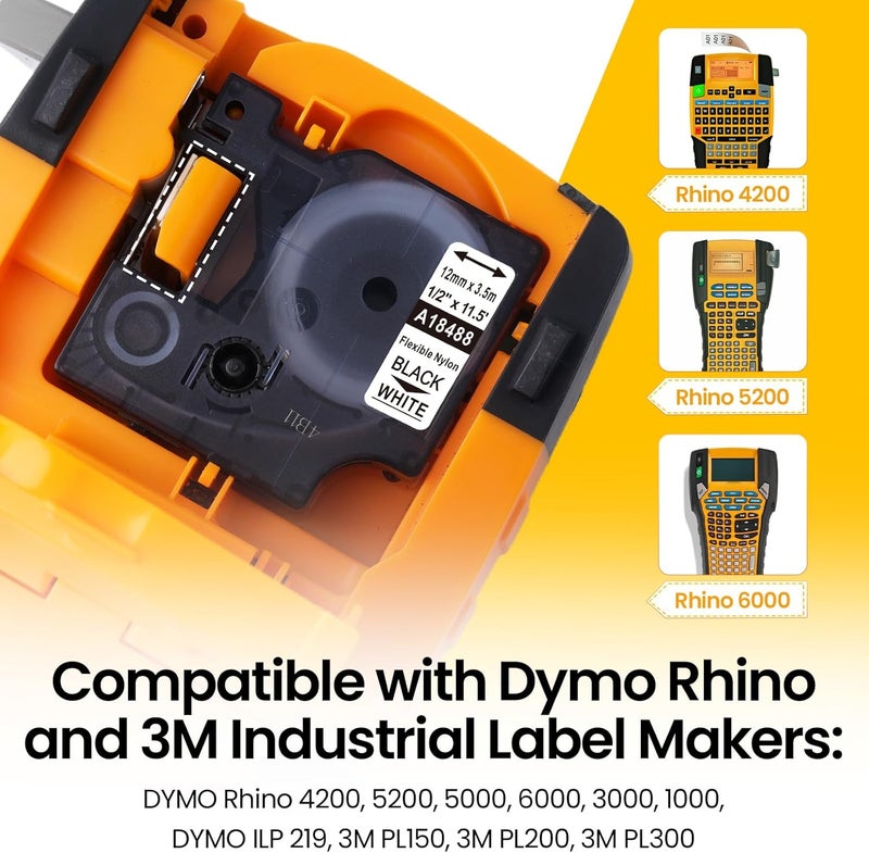 Pillex 6-Pack 18488 Replace for DYMO Rhino Industrial Flexible Nylon Label Tape A18488 Work with DYMO Rhino Pro 4200 5200 5000 6000 3000 Label Maker, 1/2 Inch x 11.5 Feet (12mm x 3.5m), Black on White - Image 3
